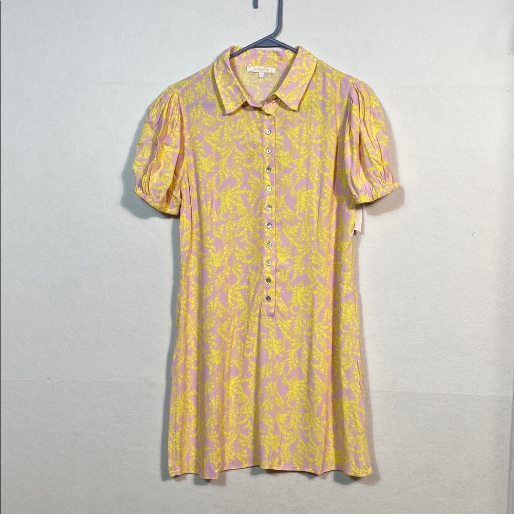 Olivaceous button front short-sleeve shirt dress in pink and yellow floral